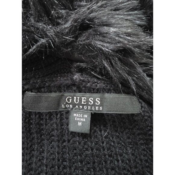 Guess Black Wool Blend Wrap Sweater Faux Fur Collar & Belted Waist Medium - Picture 6 of 9